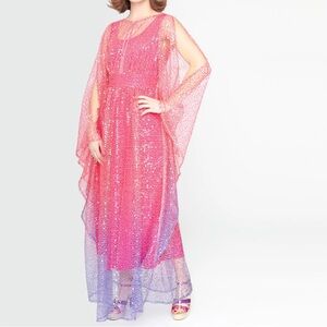 Unique Vintage 1970s Sheer Pink & Purple Ombre Sequin Flutter Sleeve Caftan
